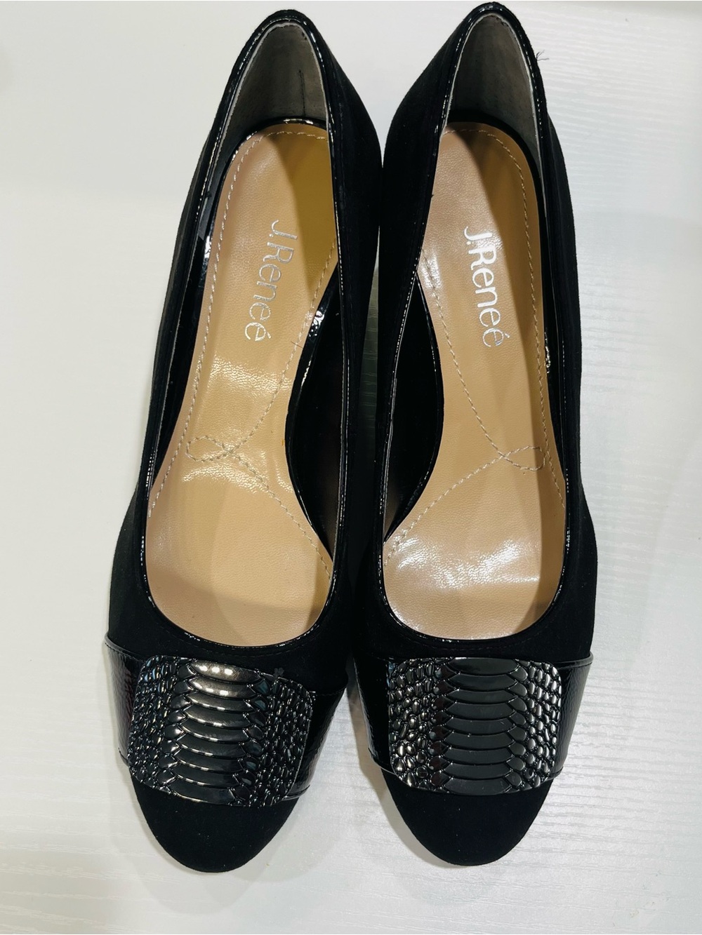 J.Renee Black Suede Pumps with Glossy Textured Toe Accent